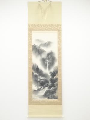 文景筆　水墨山水　肉筆絹本掛軸（共箱）